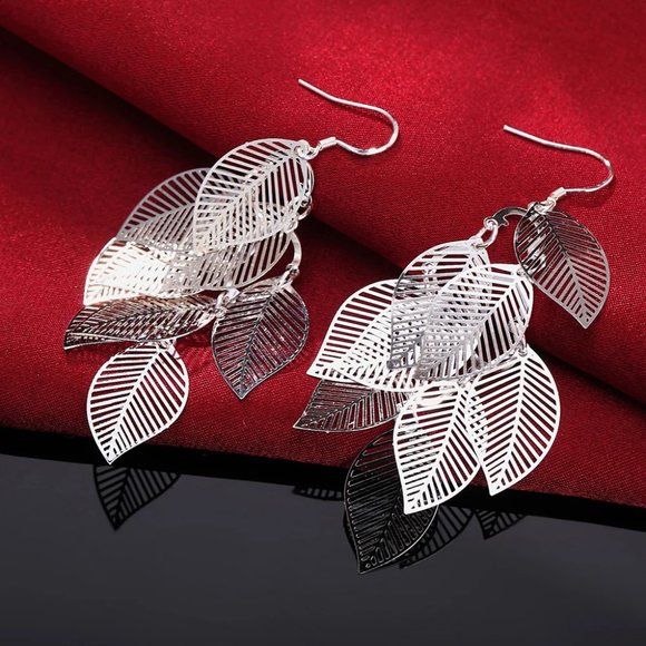 Gorgeous Hanging Leaf's .925 Sterling Silver 3 Inch Hypoallergenic Hook Earrings - Picture 3 of 7